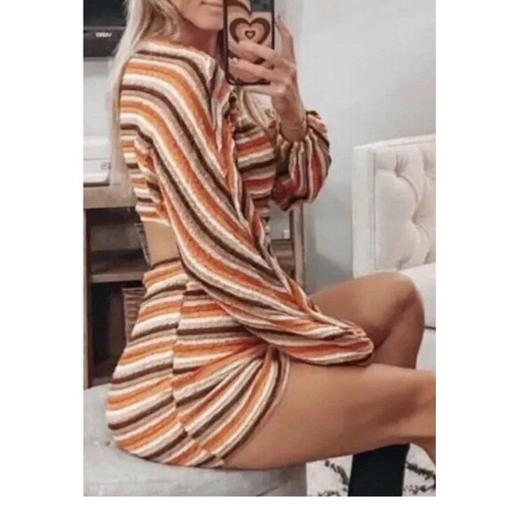 12TH TRIBE S Free Bird Mini Cut Out Dress Crochet Bodycon Stretch Hippie 70s - Picture 14 of 16